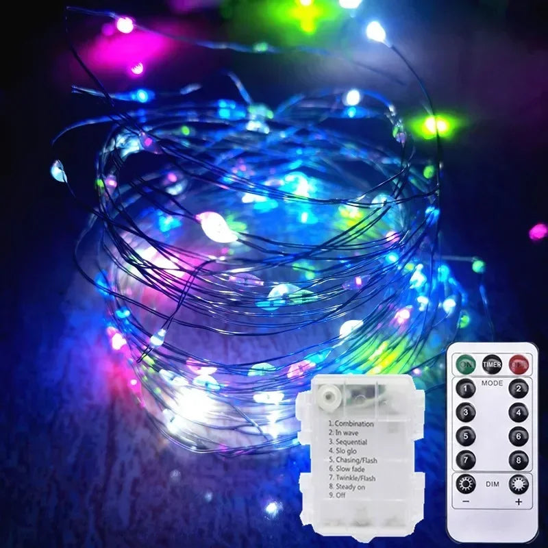 LED Fairy Silver Wire String Light Battery Box with 8 Mode Remote Control Wedding Christmas Garland Lamp Home Bedroom Decoration