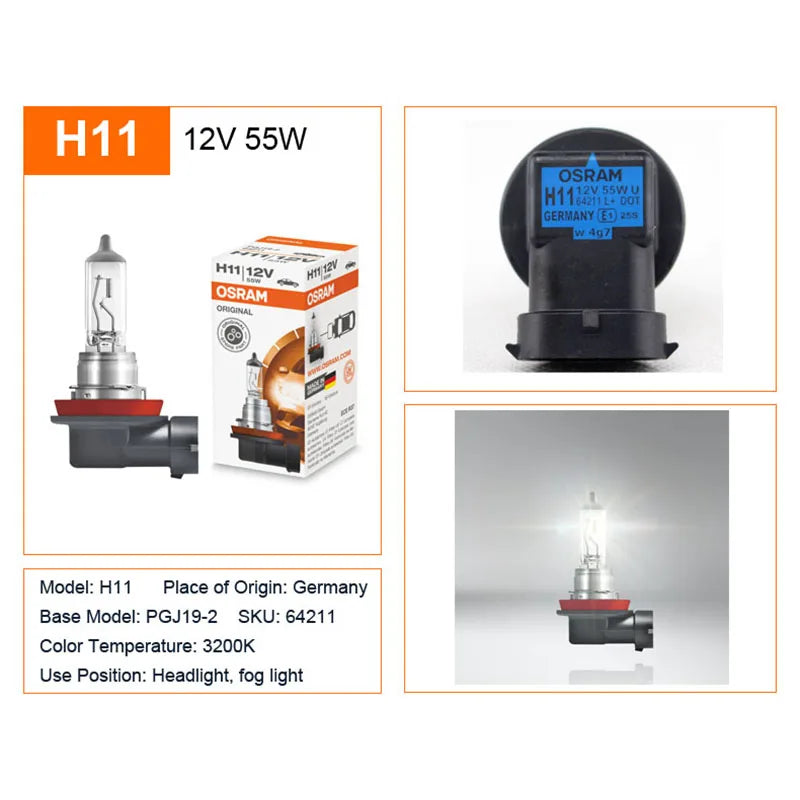 OSRAM H4 H7 H11 12V Halogen Headlight Car Original Lamp 3200K Warm White Standard Authentic Bulb Made in Germany (1pc)