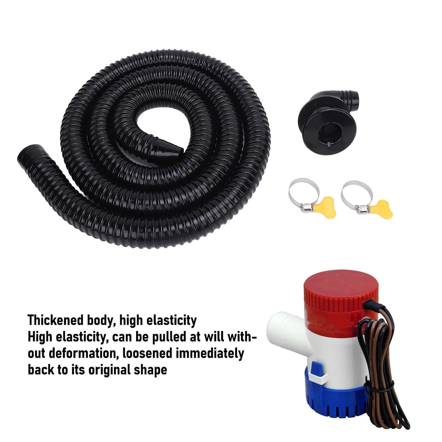Boat Bilge Installation Kit Marine Bilge Drainage System with Flexible Pipe Clamps and Elbow Connector for 1100GPH Bilge Pump