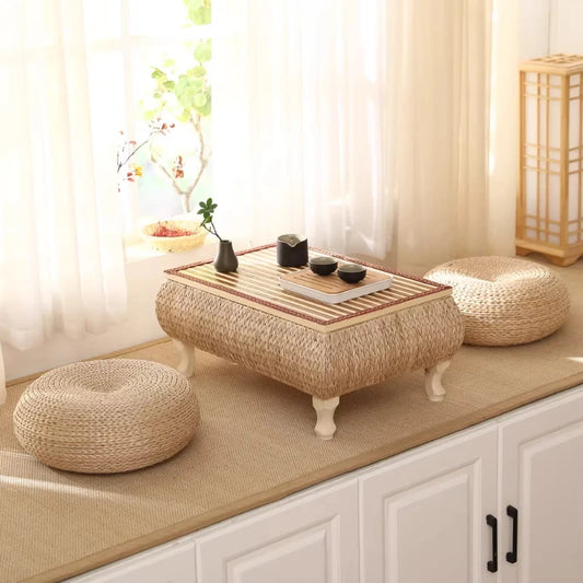 Natural Woven Rattan Tea Table Solid Wood Tatami Coffee Table Zen Style Floor Desk Meditation Center Table with Storage for Room