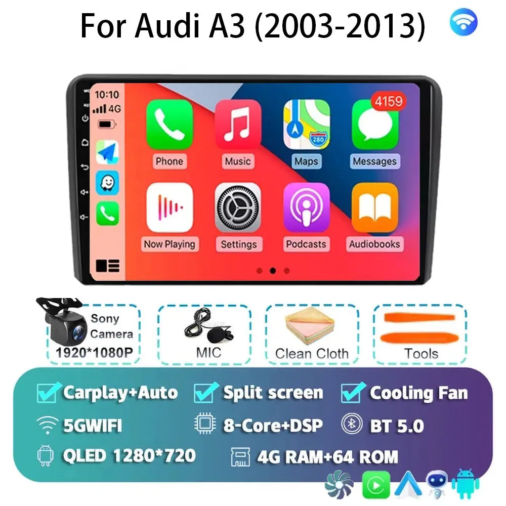 Car Radio Android 15 Carplay Auto For Audi A3 8P 2003-2013 2din Multimedia Player GPS Navigation Audio Stereo DSP Camera 5G BT