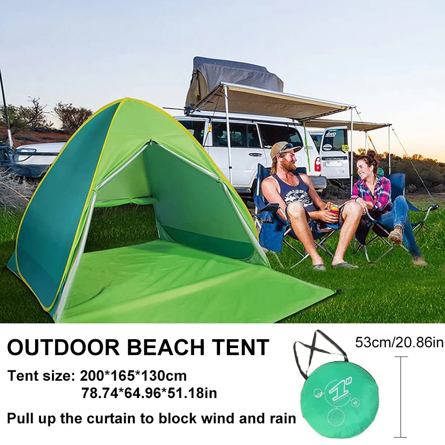 Large 2-3 person family compact and durable portable pop-up beach tent, including 6 ground stakes for fixing. Comes with a stora