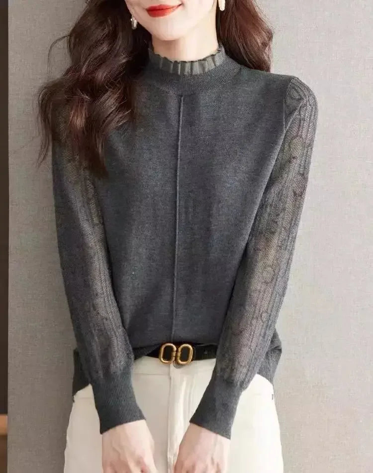 Clothes for Women Spring Autumn Fashion Ruffled Hollow Long Sleeve Knitted Sweaters Elegant Chic Solid Loose Basic Pullover Tops