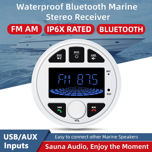 Waterproof Marine Stereo Bluetooth Audio Receiver with 3 Inch LCD Display IP6X Waterproof Rating for Boat Sauna ATV UTV RV Use