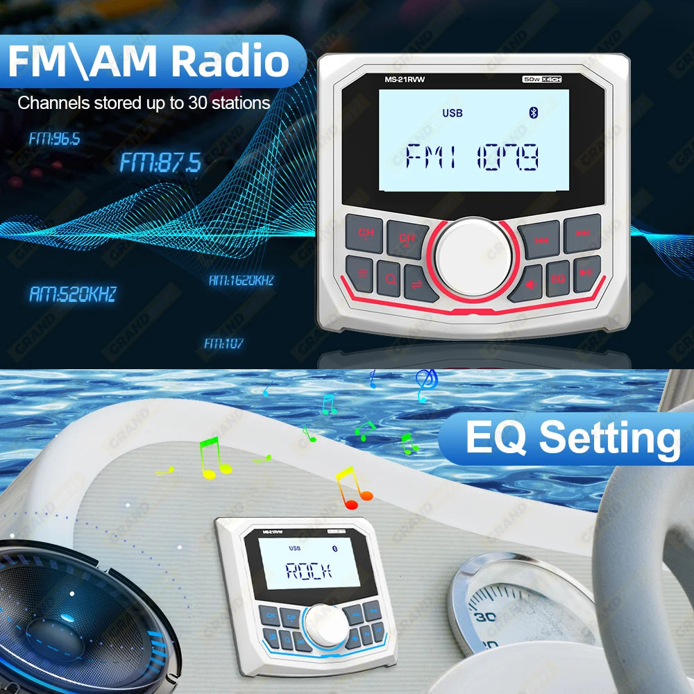 Marine Radio Boat Stereo FM AM Digital Media Audio Player Bluetooth IPX5 Waterproof For Yacht ATV UTV Golf Cart Motorcycle