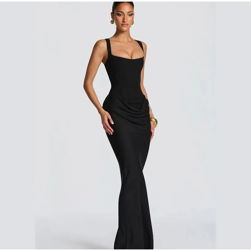 Women Brown Square-neck Pleated Sling Maxi Dress Sexy Sleeveless Off-shoulder Waist Cinching Slim Dresses Evening Party Gown