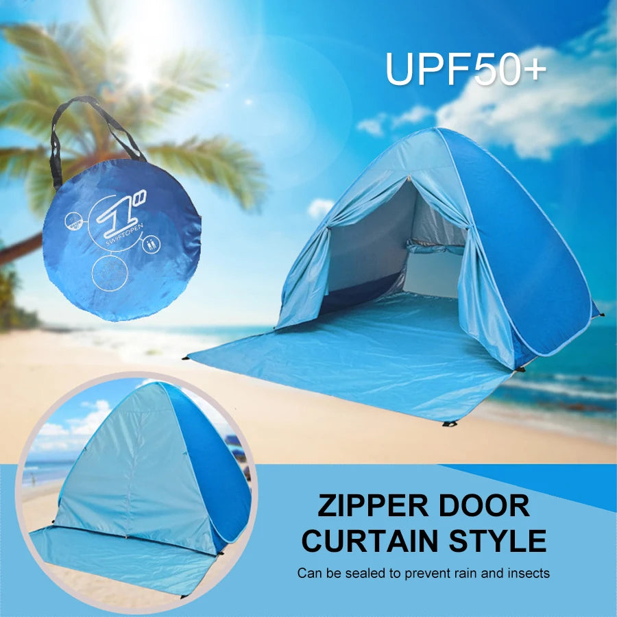 Large 2-3 person family compact and durable portable pop-up beach tent, including 6 ground stakes for fixing. Comes with a stora