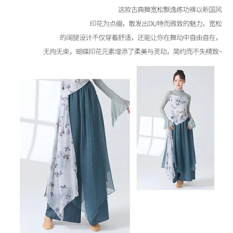 Women 2 Layers Dance Trousers Gauze Print Chiffon Culottes Flowy Skirt Pant Loose Wide Leg Modern Hanfu Elegant Practice Clothes