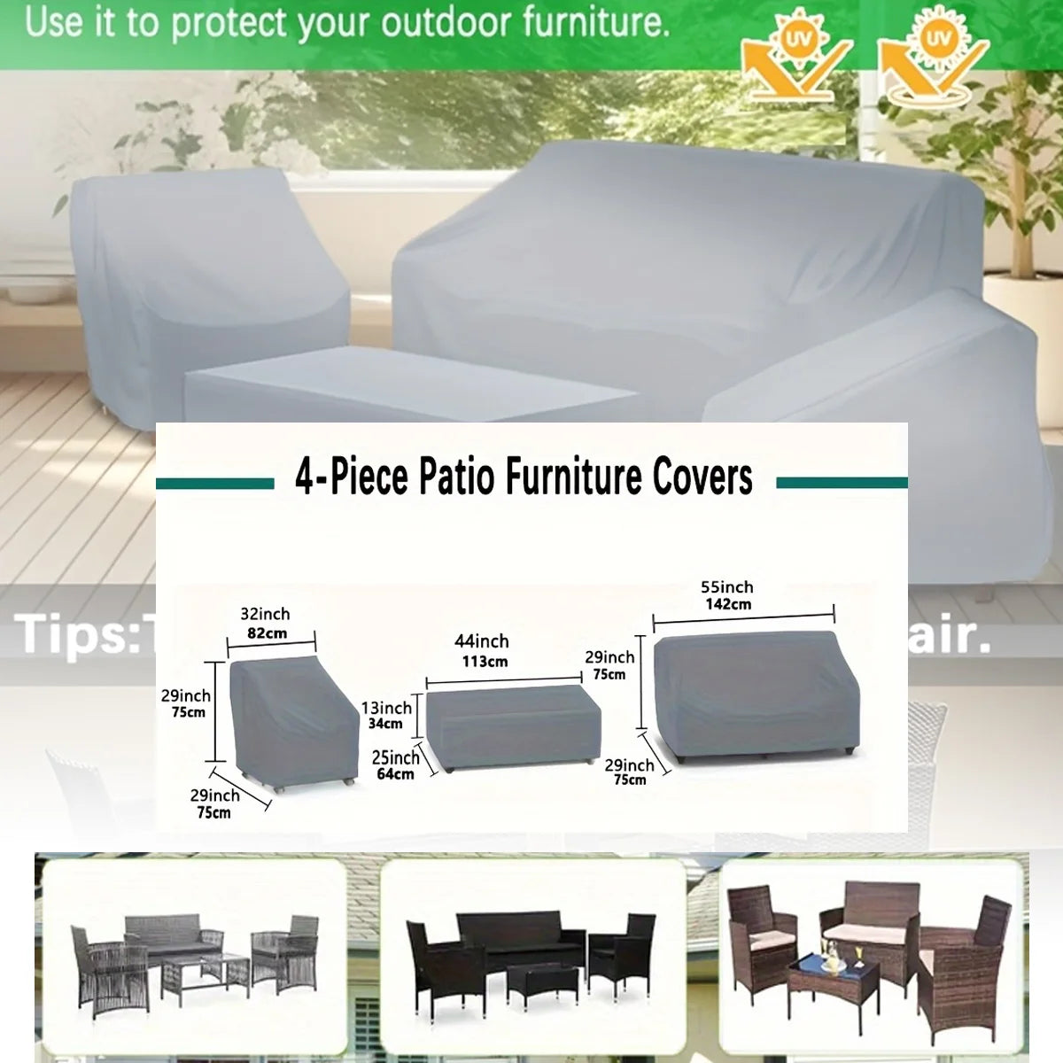 Set of 4 Patio Furniture Covers, Rattan Outdoor Furniture, Gray Patio Four-Piece Covers, Universal for All Seasons