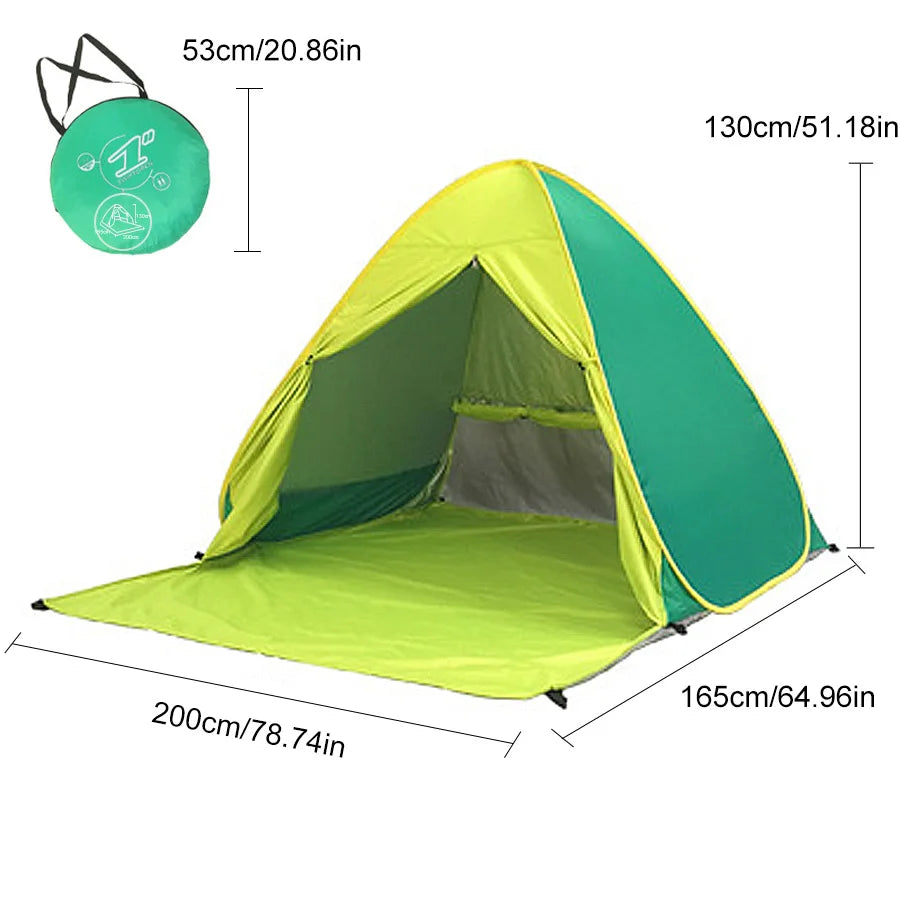 Large 2-3 person family compact and durable portable pop-up beach tent, including 6 ground stakes for fixing. Comes with a stora