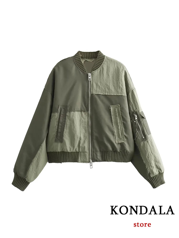 Streetwear Armygreen Bomber Jackets Women Patchwork Zipper Pockets Oversized Jackets Fashion 2025 Winter Autumn Coats