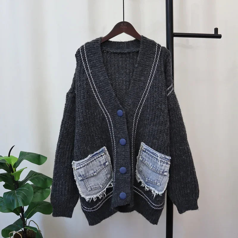 FAGADOER White Knitted Sweater Stitching Tops Women Fashion V Neck Long Sleeve Loose Denim Pocket Patchwork Cardigan Y2K Sweater