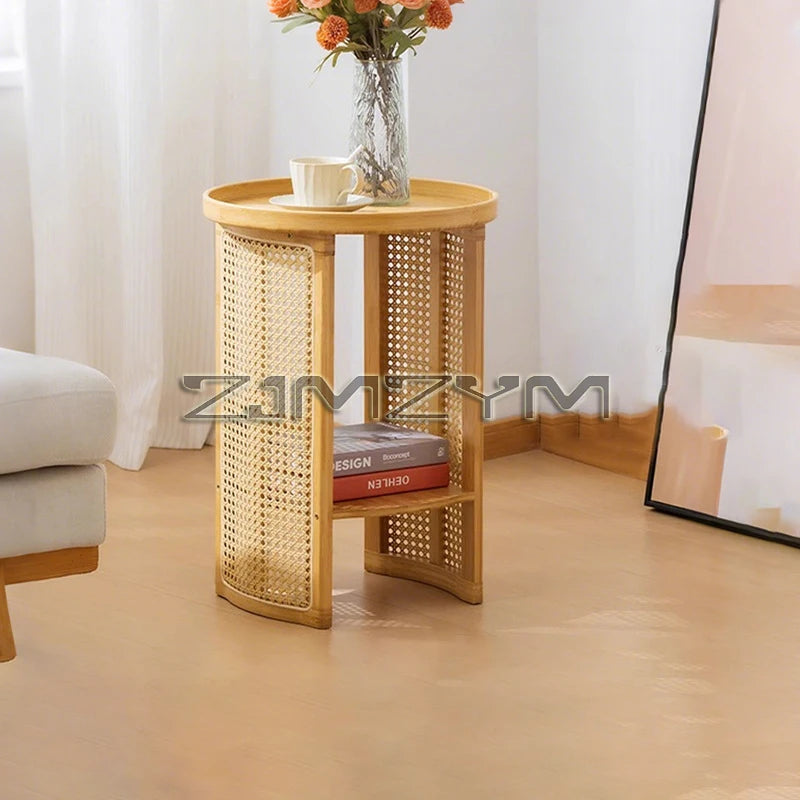 Rattan Side Table Sofa Storage Corner Desk Small Round Coffee Table Double-Layer Edge Bedside Table Balcony Sides Tables