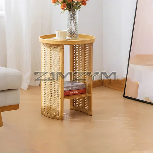 Rattan Side Table Sofa Storage Corner Desk Small Round Coffee Table Double-Layer Edge Bedside Table Balcony Sides Tables