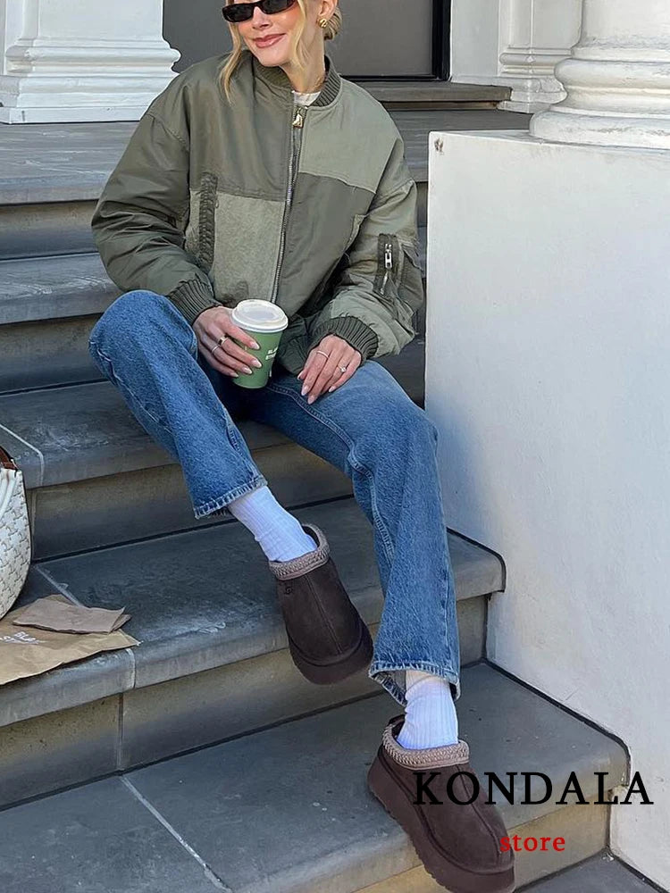 Streetwear Armygreen Bomber Jackets Women Patchwork Zipper Pockets Oversized Jackets Fashion 2025 Winter Autumn Coats