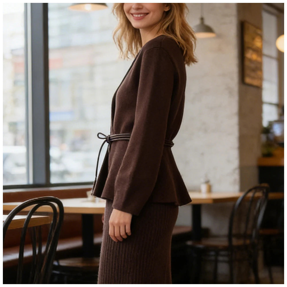 Woman Clothes Tops V Elegant Knit Cardigan For Women With V Neck Tie Waist And Flared Hem Autumn And Winter Workwear Top