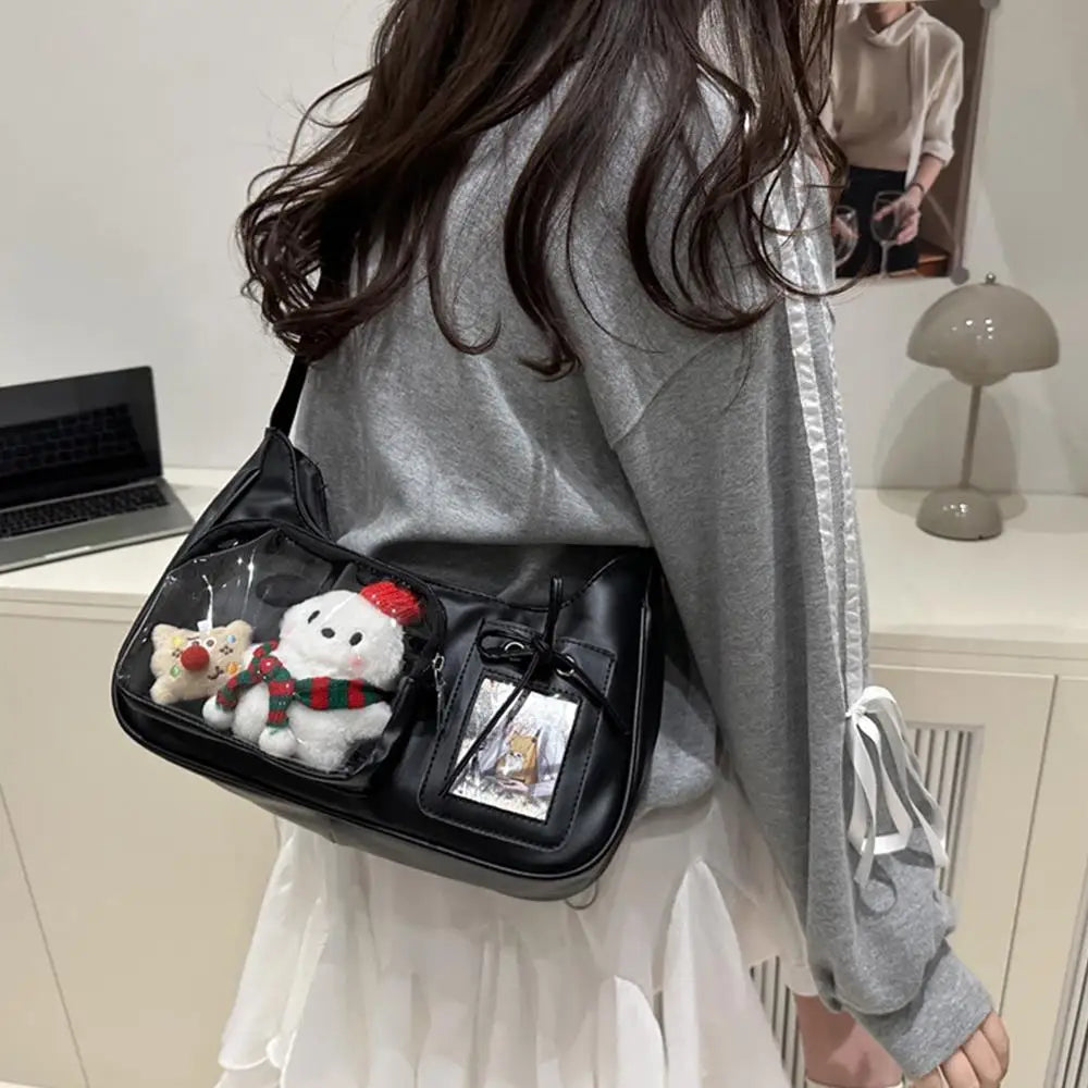 Y2K Cute Bow Ita Bag Girl Transparent Messenger Bag Women Fashion Shoulder Crossbody Bag Ladys DIY Badge Tote Bag Lolita Handbag