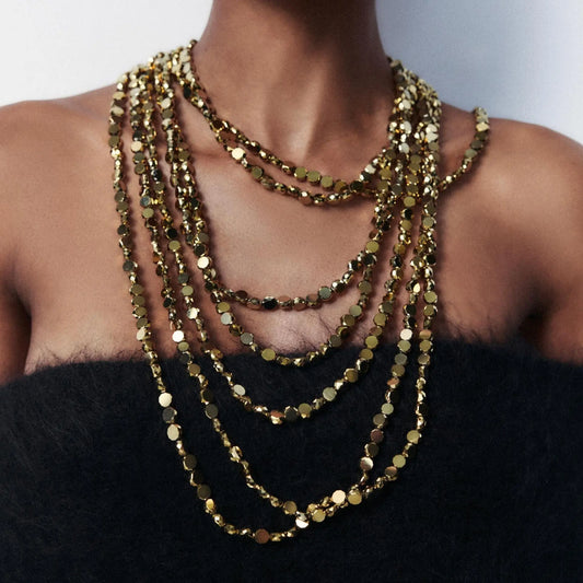 Golden Heavy Multilayer Beaded Chain Necklace For Women European American Bling Exaggerated Charm Party Jewelry Gift