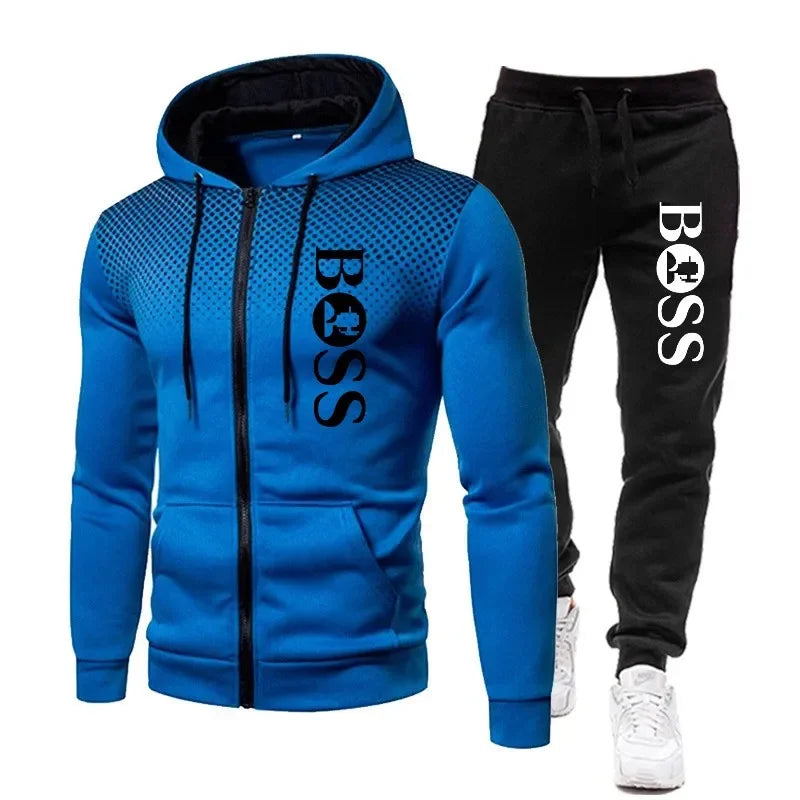 2025 Men's Fall/Winter Leisure fitness basketball two-piece outdoor fashion zipper hooded jacket + jogging pants set