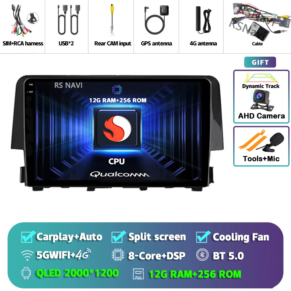 Android 15 Carplay Auto Car Radio Multimedia Player For Honda Civic 10 FC FK 2015 - 2020 Audio Autoradio Stereo 2din Wireless BT