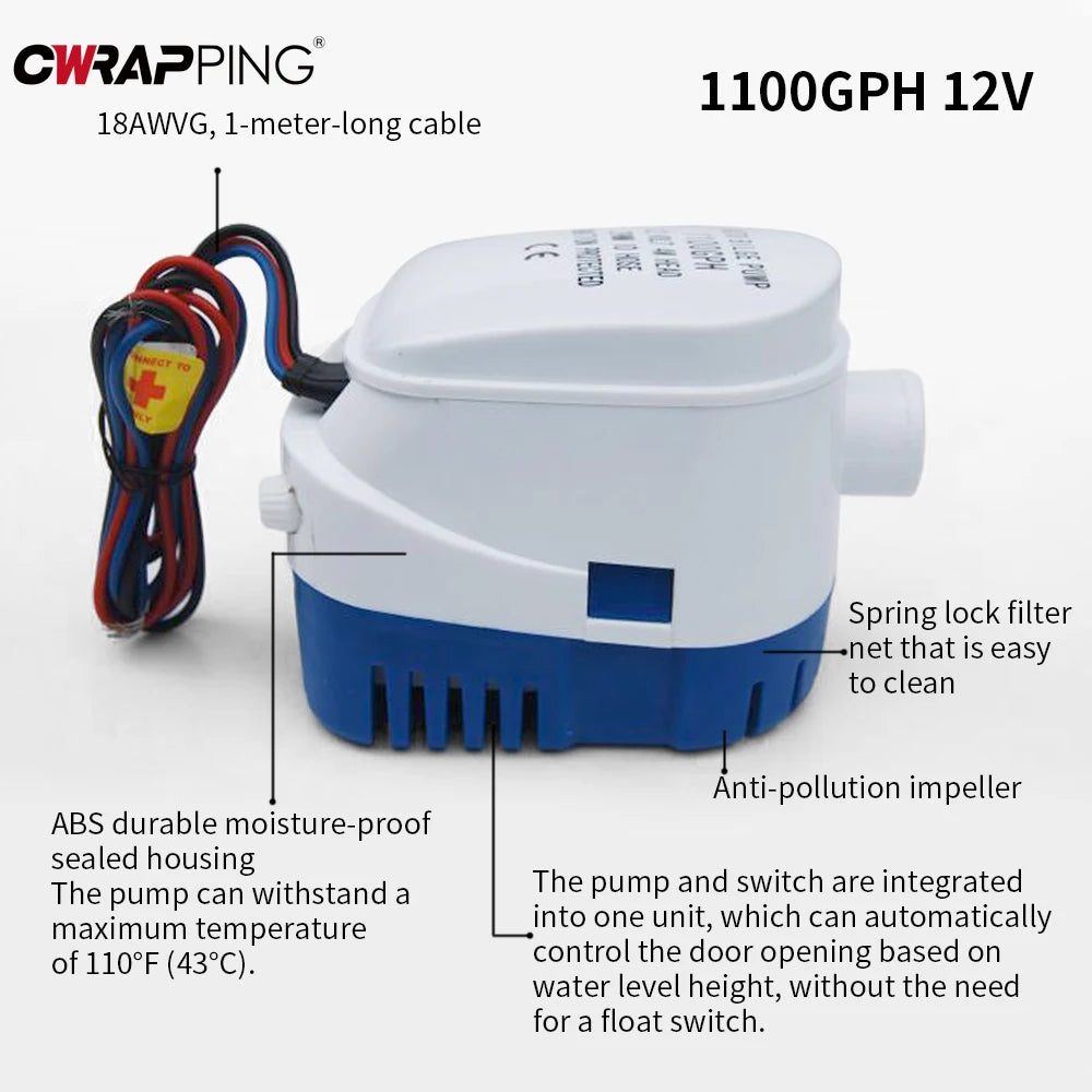 12V 1100GPH Boats Fully Automatic Submersible Bilge Water Pump with Float Switch for Pool Garden Boat Bilges Marine Accessories