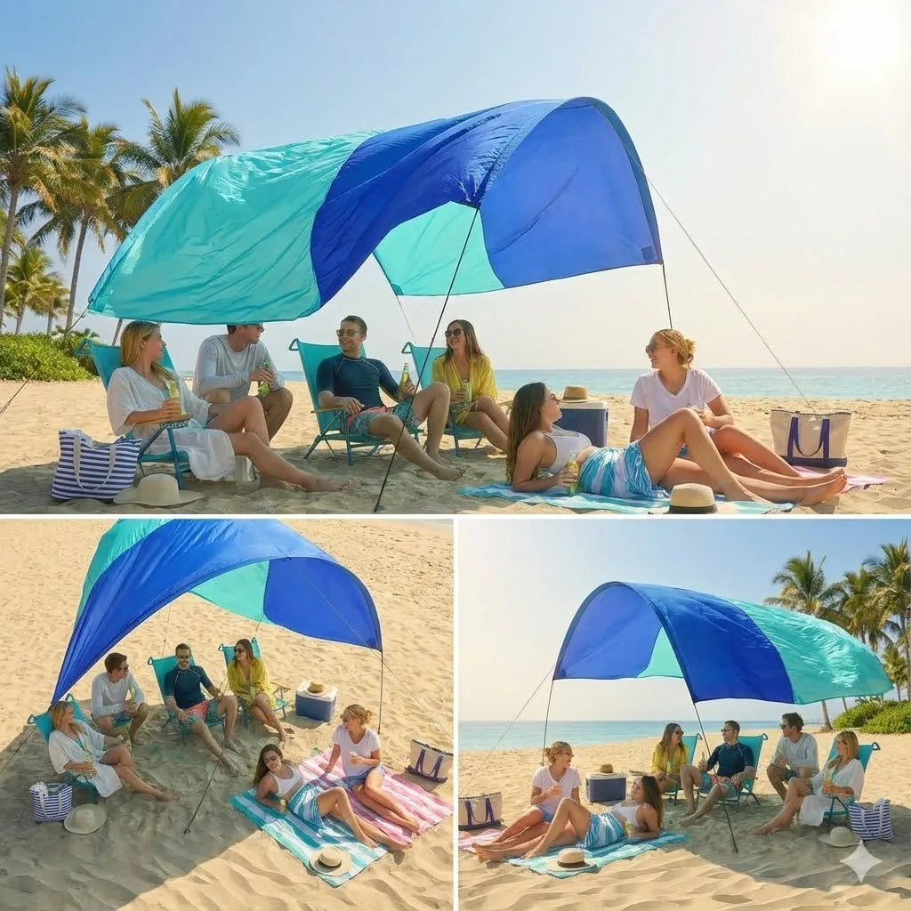 Wind-Resistant Beach Shade Tent 150 sq ft oversized canopy with sand anchors 4 lb ultralightweight UPF 50+ sun protection tent