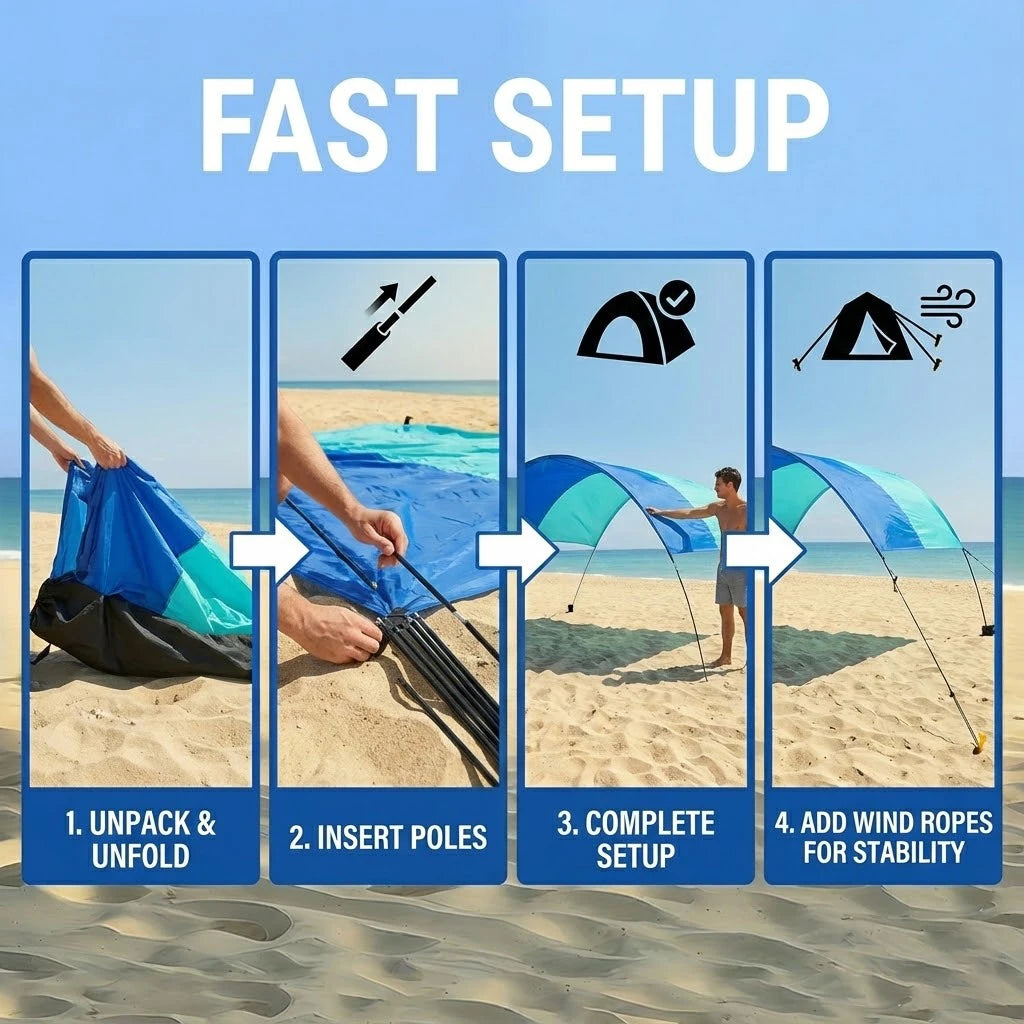 Wind-Resistant Beach Shade Tent 150 sq ft oversized canopy with sand anchors 4 lb ultralightweight UPF 50+ sun protection tent