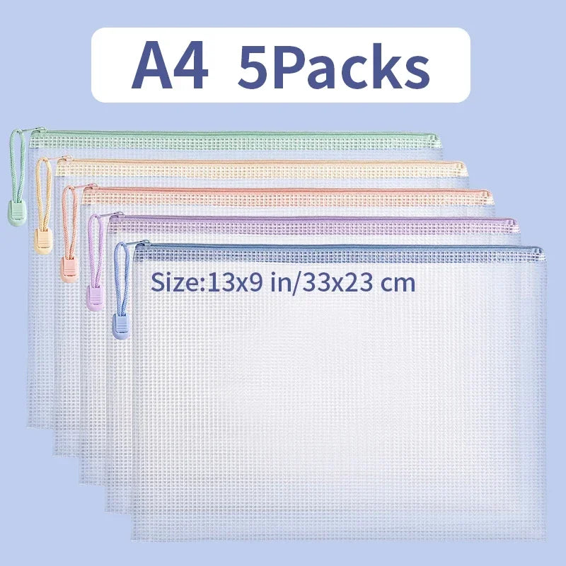 Zipper Mesh Bags A4/A5 Plastic Zipper Bags For Organizing Waterproof Clear Travel Bags Office Supplies Document，color random
