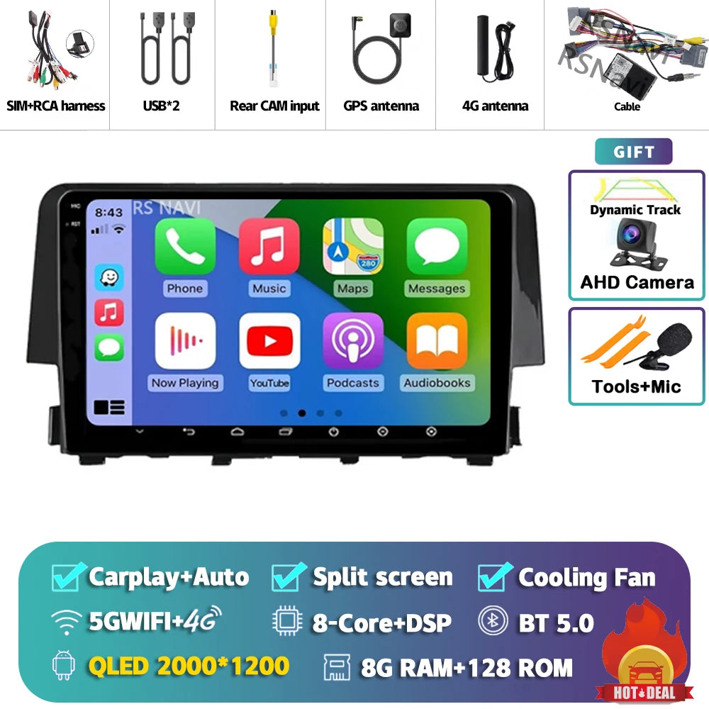 Android 15 Carplay Auto Car Radio Multimedia Player For Honda Civic 10 FC FK 2015 - 2020 Audio Autoradio Stereo 2din Wireless BT