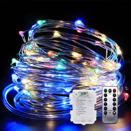 LED Fairy Silver Wire String Light Battery Box with 8 Mode Remote Control Wedding Christmas Garland Lamp Home Bedroom Decoration