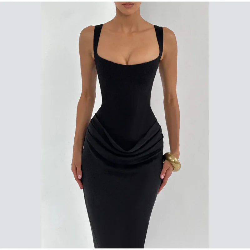 Women Brown Square-neck Pleated Sling Maxi Dress Sexy Sleeveless Off-shoulder Waist Cinching Slim Dresses Evening Party Gown