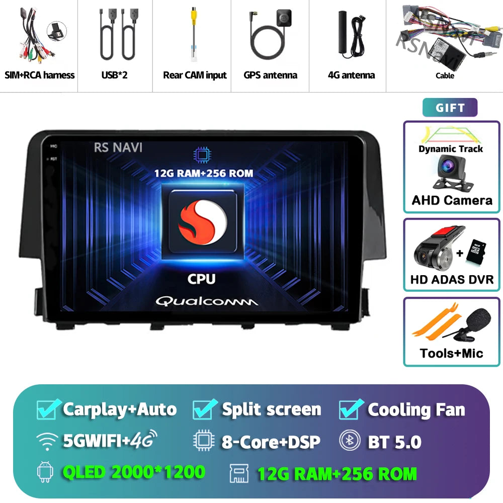 Android 15 Carplay Auto Car Radio Multimedia Player For Honda Civic 10 FC FK 2015 - 2020 Audio Autoradio Stereo 2din Wireless BT