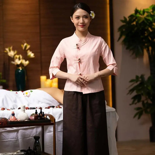 Beauty Salon Beautician Work Clothes Women Suits Health Club Clothes Moxibustion Therapy Center Technician Clothes Cotton Linen
