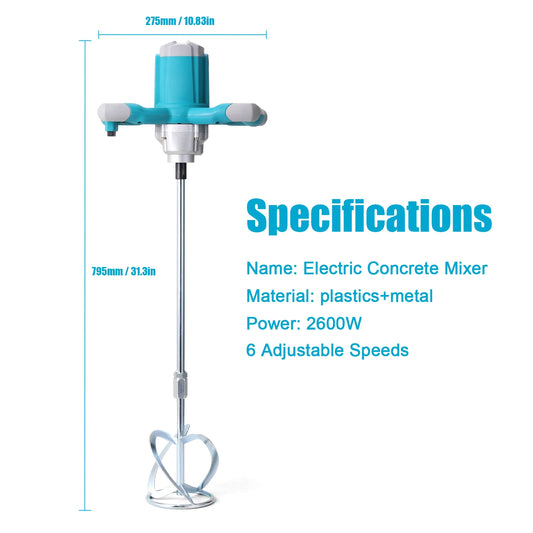 2600W Electric Concrete Mixer Portable Handheld Concrete Cement Mixer 6 Speeds Adjustable Mixing Machine Thinset Mortar Grout Pl