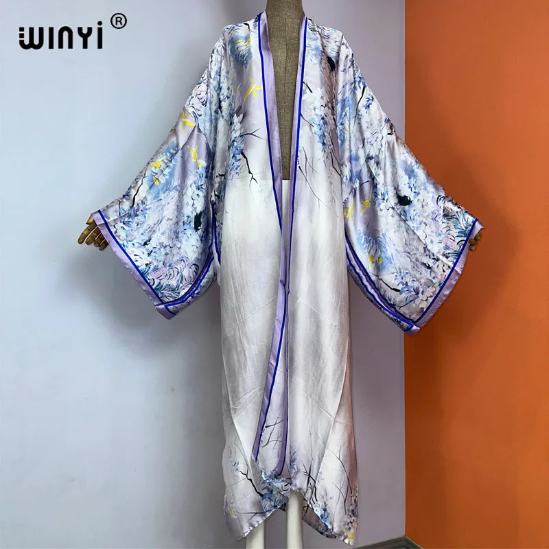 WINYI kimono new fashion print купальник Women Cardigan Loose Long Dress elegant Party Boho Maxi beach Holiday Cover Ups  kaftan