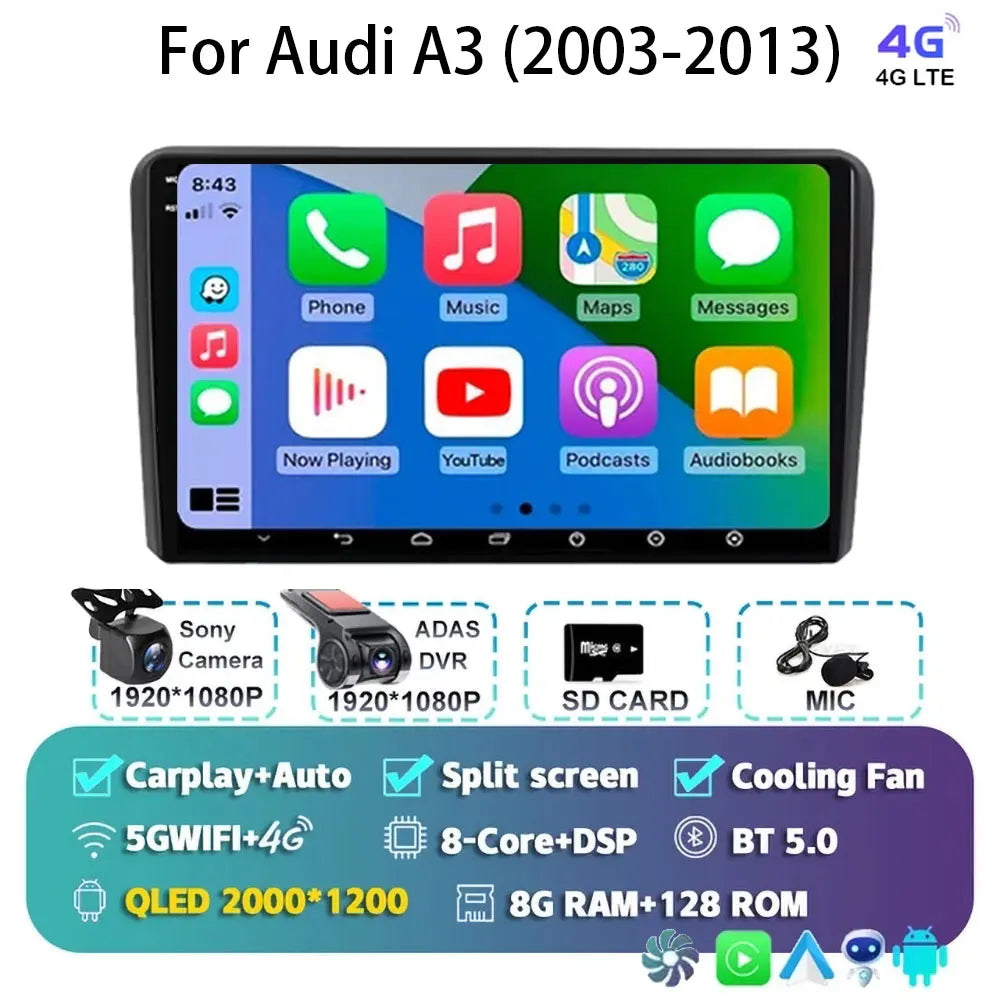 Car Radio Android 15 Carplay Auto For Audi A3 8P 2003-2013 2din Multimedia Player GPS Navigation Audio Stereo DSP Camera 5G BT