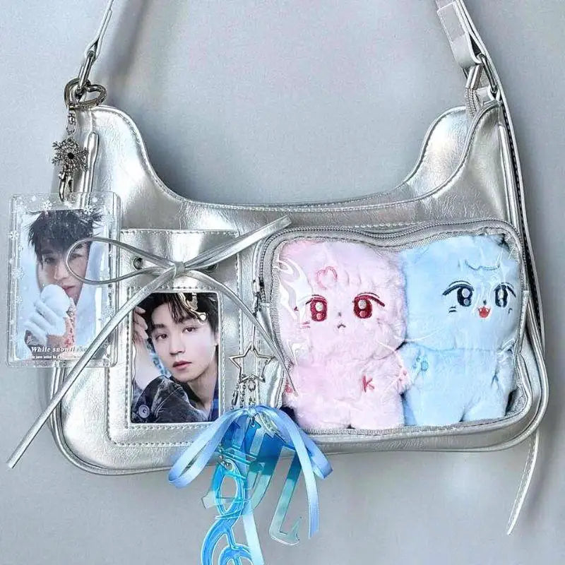 Y2K Cute Bow Ita Bag Girl Transparent Messenger Bag Women Fashion Shoulder Crossbody Bag Ladys DIY Badge Tote Bag Lolita Handbag