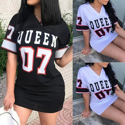 European and American CloThing Summer 07 LeTTer PrinTed Mid-lengTh T-shirT V Skin-friendly Milk Silk Collar Pullover ShorT-sl...
