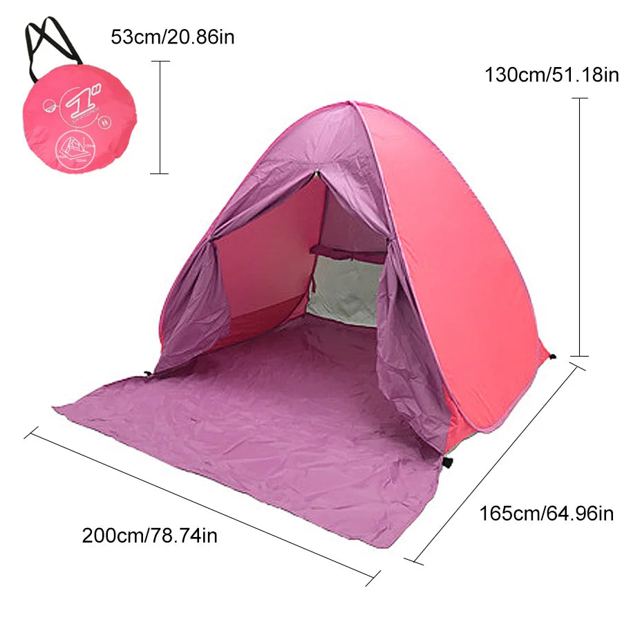 Large 2-3 person family compact and durable portable pop-up beach tent, including 6 ground stakes for fixing. Comes with a stora
