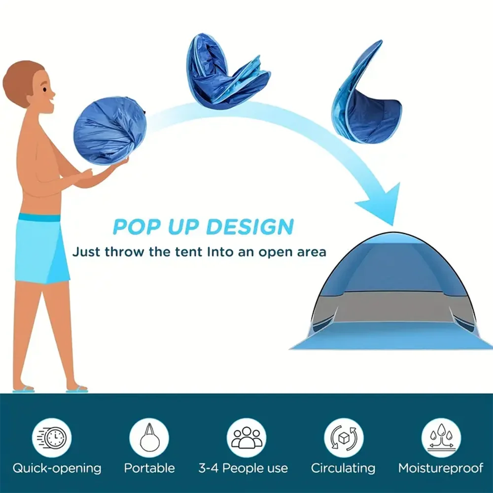 Quick set up. Pop up beach tent. Portable Awning. Outdoor camping fishing tent. With accessories. Rugged construction.