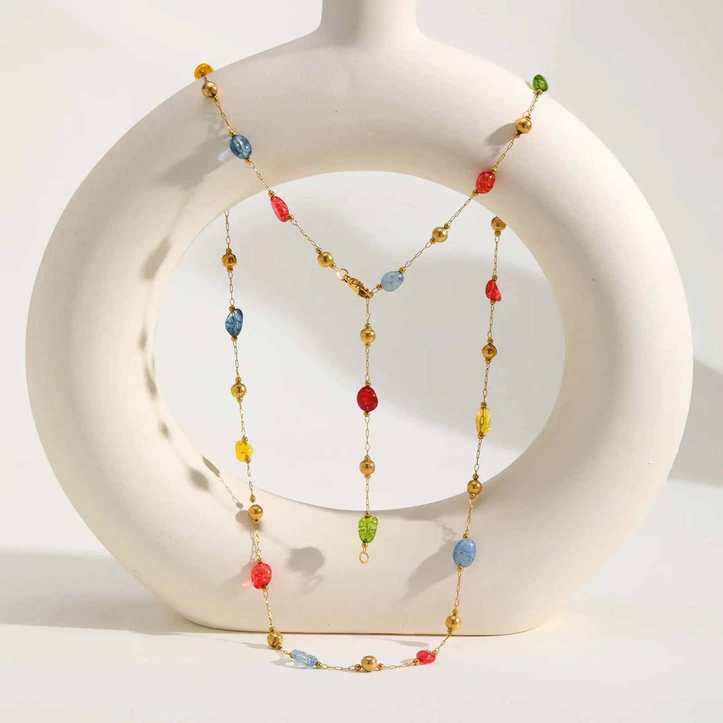 Colorful Rainbow Natural Stone Boho Necklace for Women, Stainless Steel Beaded Chain Y-Shaped Necklace, New Fashion Jewelry
