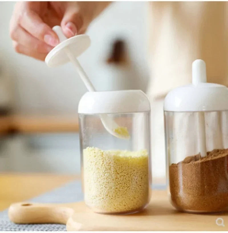 Glass Spices Jars Stickers Salt Sugar Powder Olive Oil Pepper Seasoning Storage Bottle Spoon Base Tools Kitchen Accessories Set