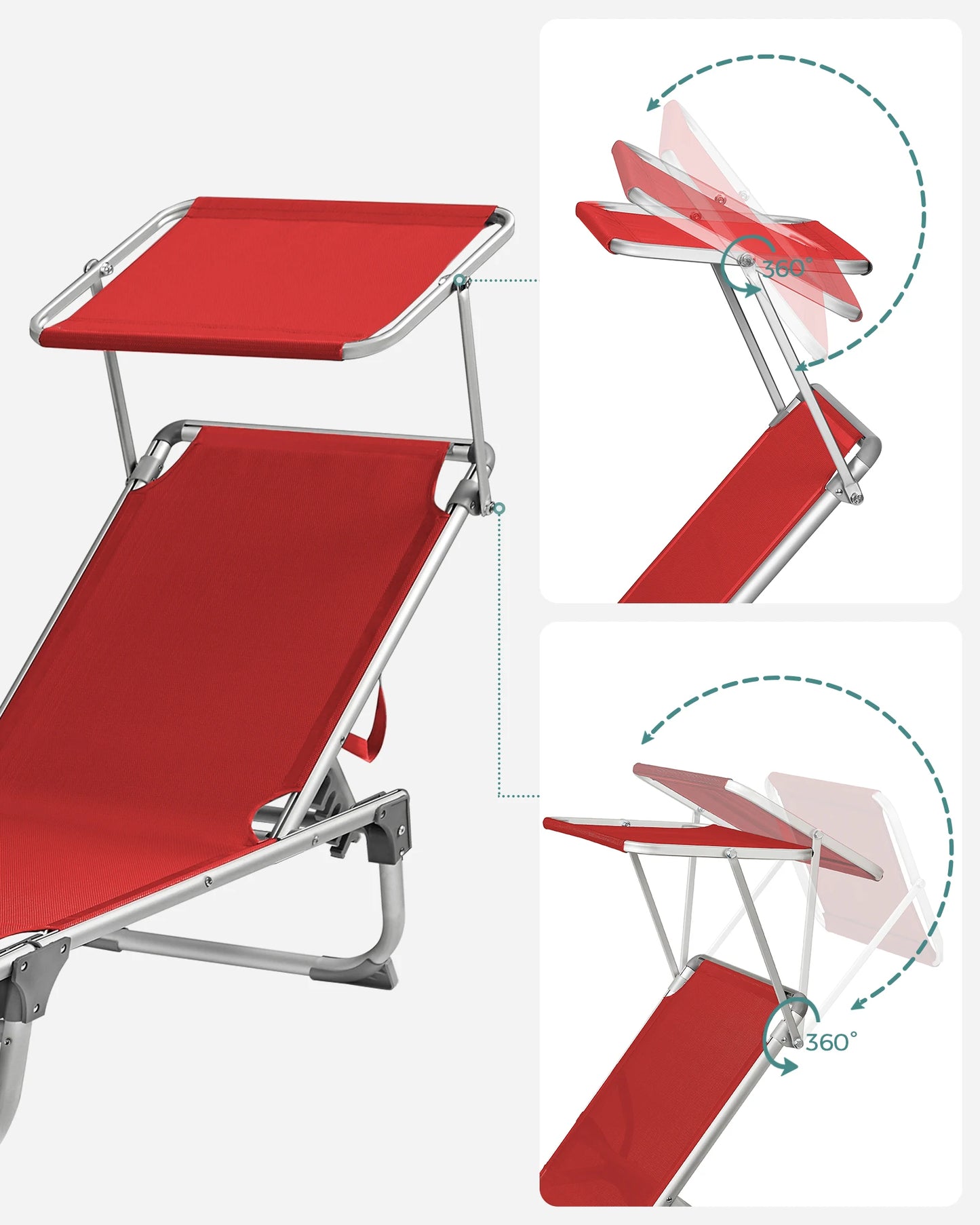 Sun Lounger, 193 x 55 x 31 cm, with Sunshade and Reclining Backrest, for Garden, Swimming Pool, Terrace, Red