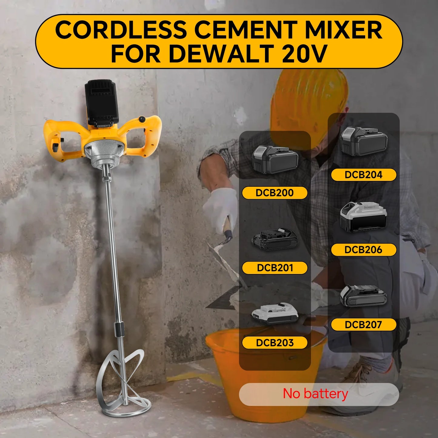 Concrete Cement Electric Mixer Machine 1200W Brushless with 6 Adjustable Speed Handheld Cement Mixer for Dewalt 20V Battery