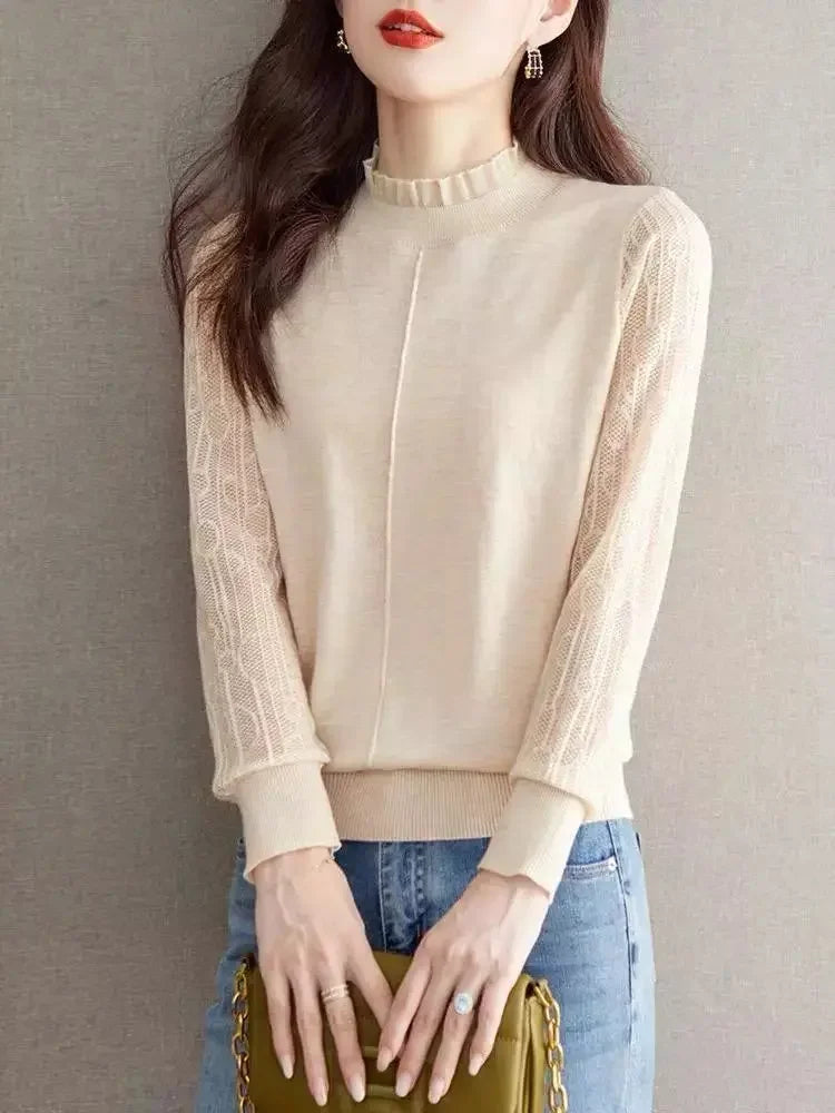 Clothes for Women Spring Autumn Fashion Ruffled Hollow Long Sleeve Knitted Sweaters Elegant Chic Solid Loose Basic Pullover Tops