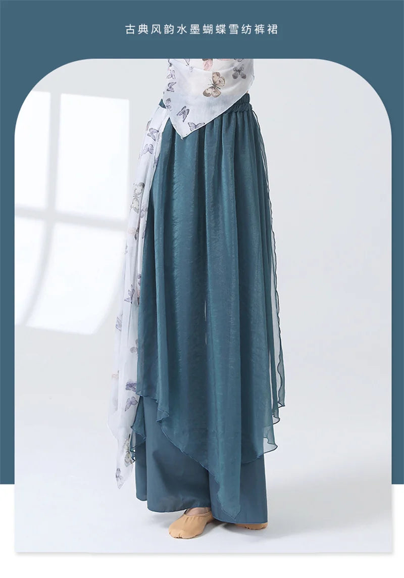 Women 2 Layers Dance Trousers Gauze Print Chiffon Culottes Flowy Skirt Pant Loose Wide Leg Modern Hanfu Elegant Practice Clothes