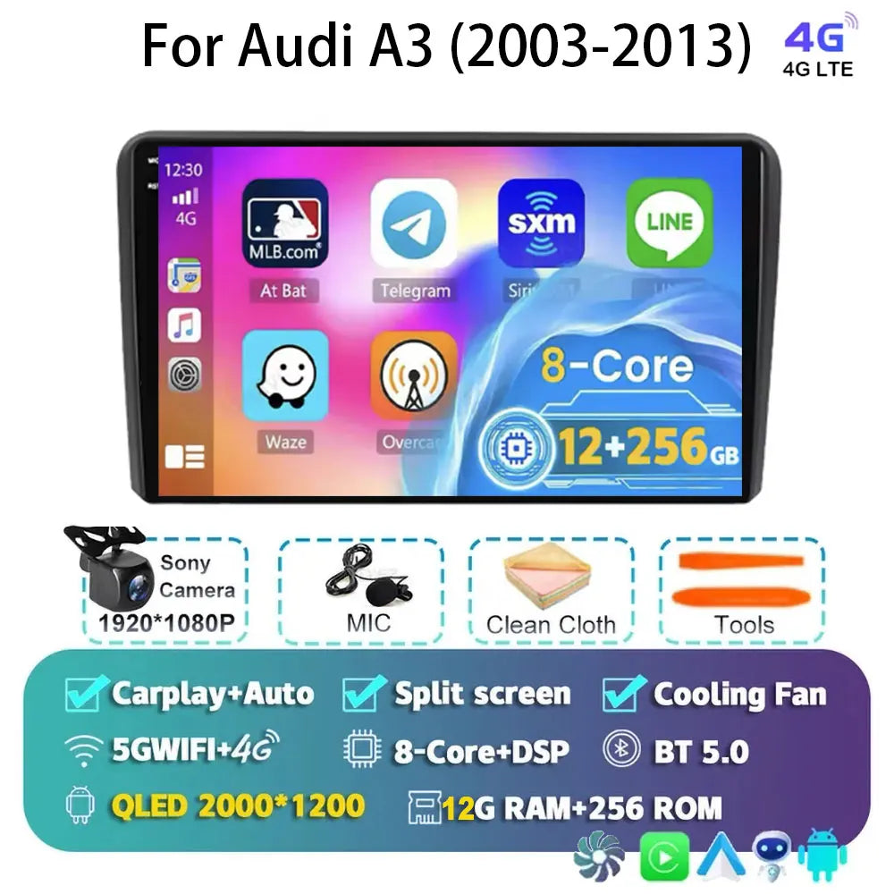 Car Radio Android 15 Carplay Auto For Audi A3 8P 2003-2013 2din Multimedia Player GPS Navigation Audio Stereo DSP Camera 5G BT