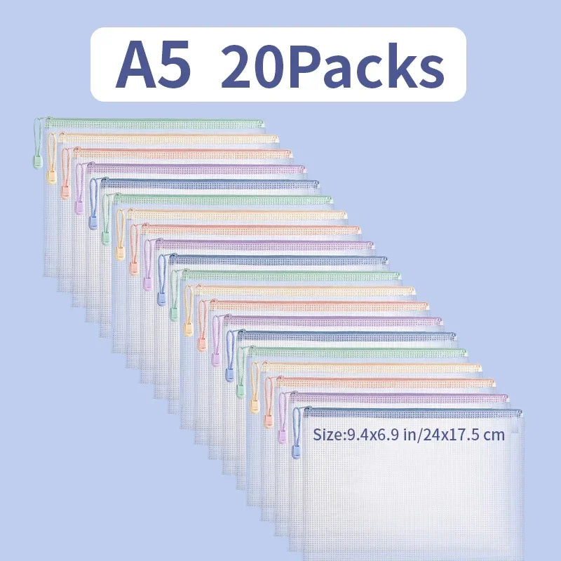 Zipper Mesh Bags A4/A5 Plastic Zipper Bags For Organizing Waterproof Clear Travel Bags Office Supplies Document，color random