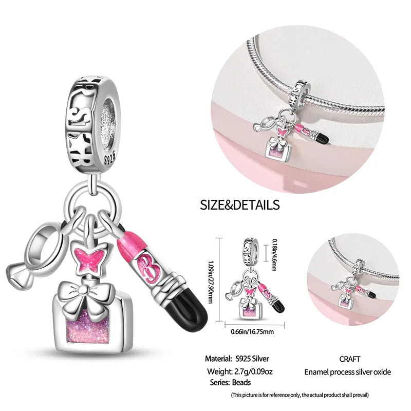 New 925 sterling silver bow star love pink series charm beads suitable for 3mm original bracelet DIY fashion jewelry gift