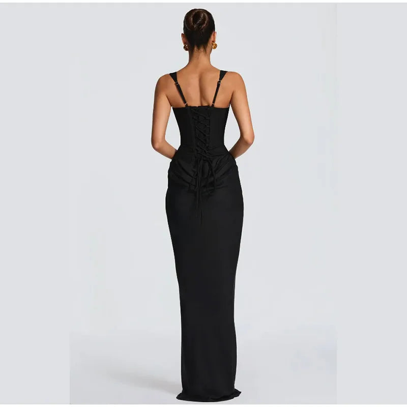 Women Brown Square-neck Pleated Sling Maxi Dress Sexy Sleeveless Off-shoulder Waist Cinching Slim Dresses Evening Party Gown